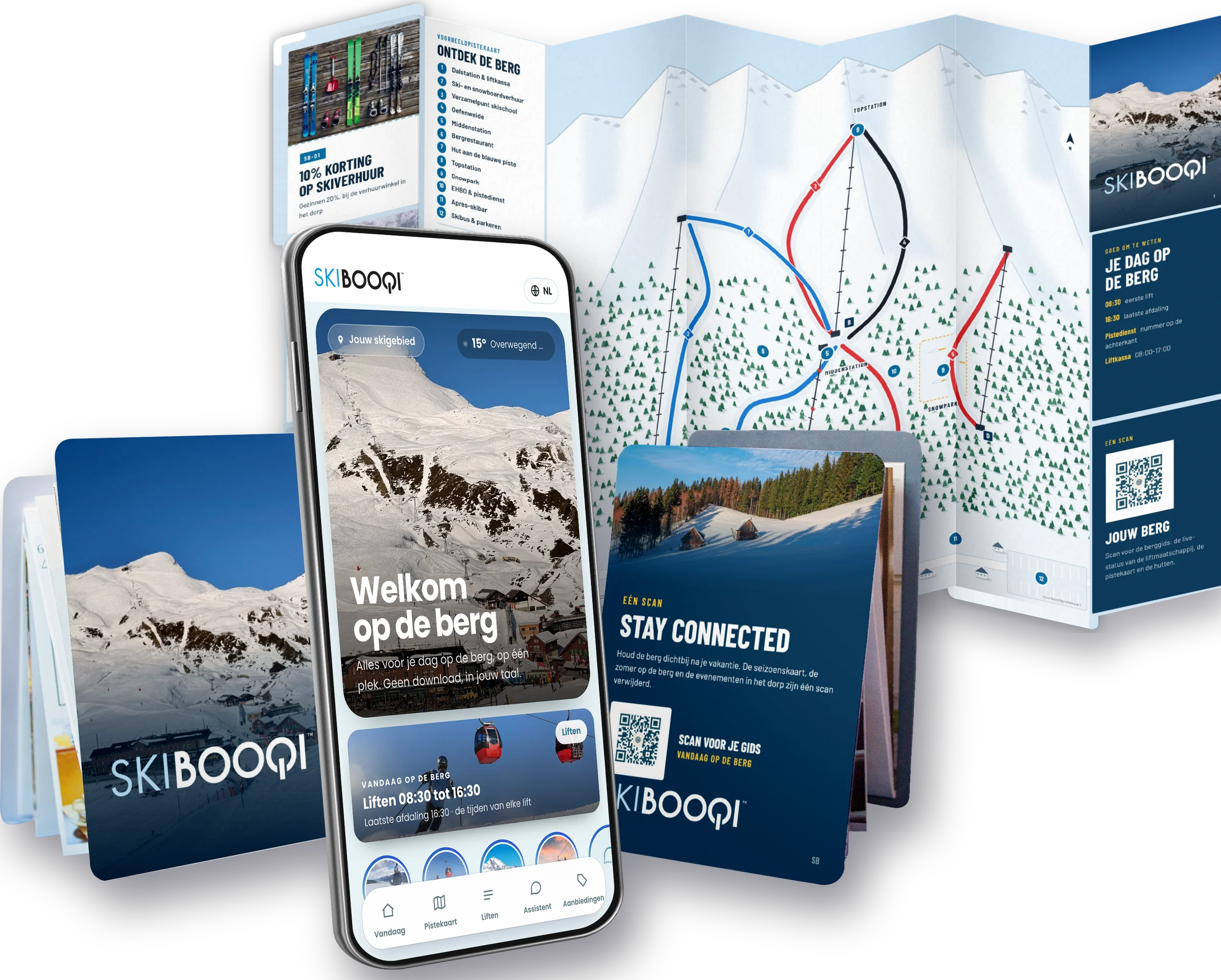 Een SkiBooqi in de hand, met de digitale gids op een telefoon